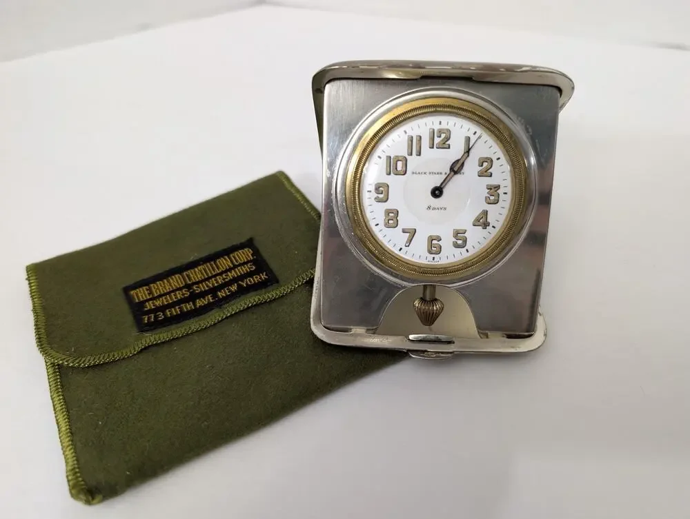 Antique Black Starr & Frost Sterling Silver Purse Desk Clock 8 Day Swiss